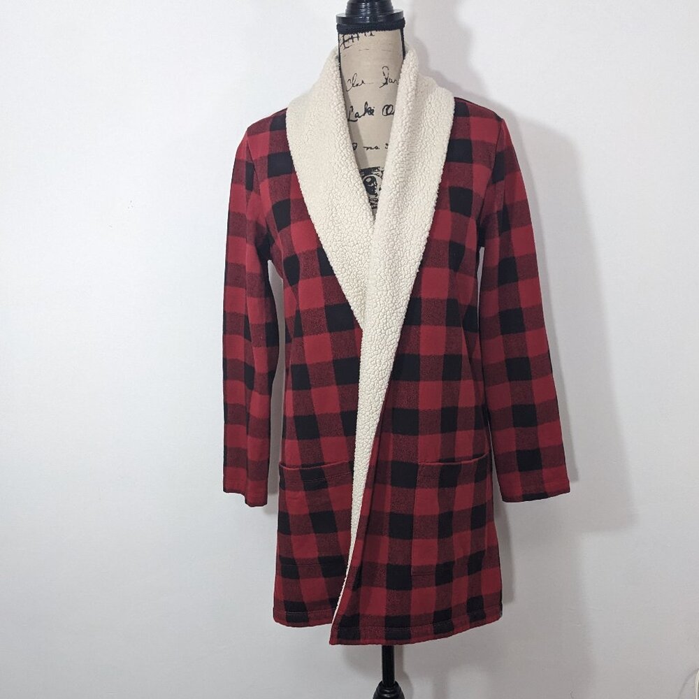 Eddie Bauer Womens SMALL Cabin Fleece Cardigan Buffalo Check Red Black Sherpa